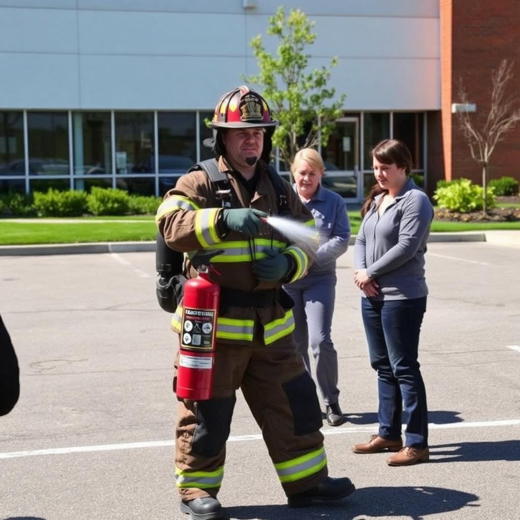 a Mock Drill: Firefighter demonstrating extinguisher use to office workers during a training exercise