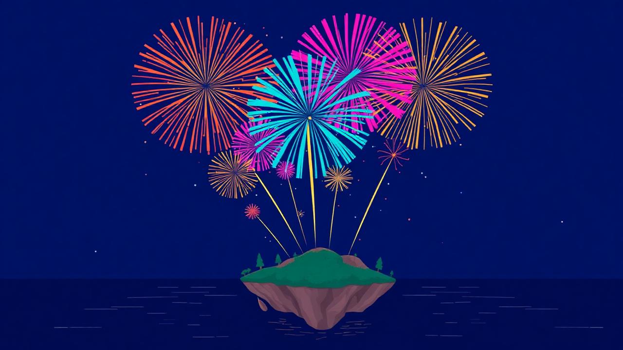 Colorful fireworks bursting over a stylized cartoon floating island at night