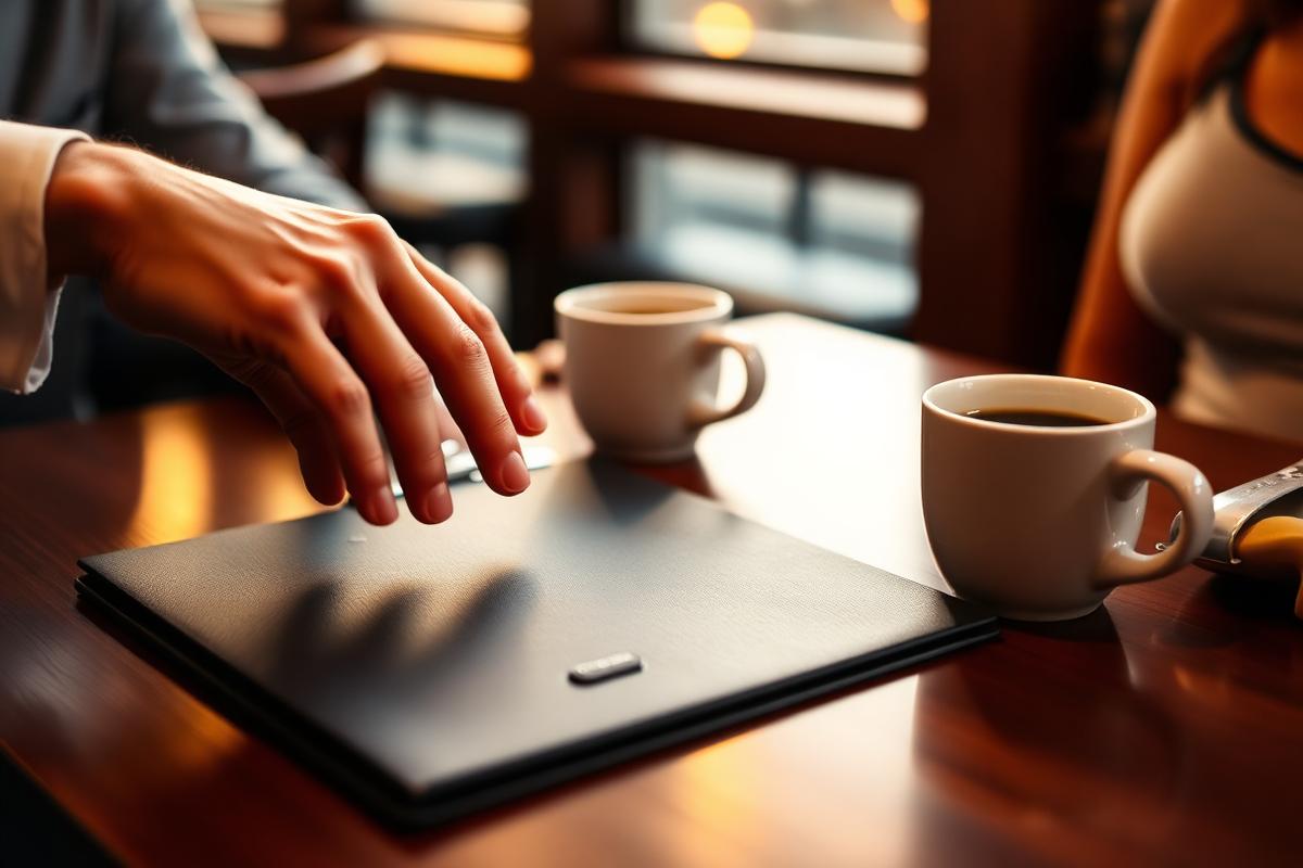 Bill folder and two coffee cups on a cafe table at the end of a first date