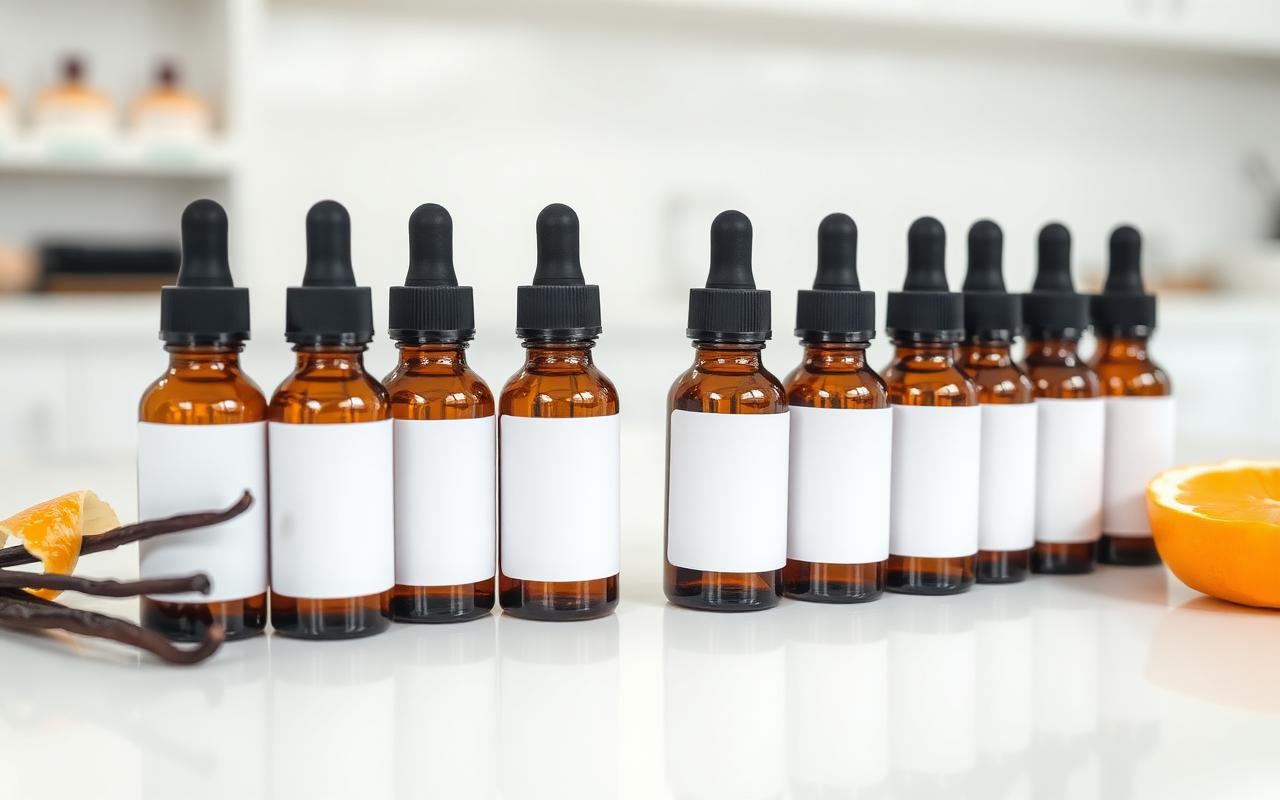 Row of plain amber dropper bottles of flavor extract beside vanilla pods and orange peel on a laboratory bench