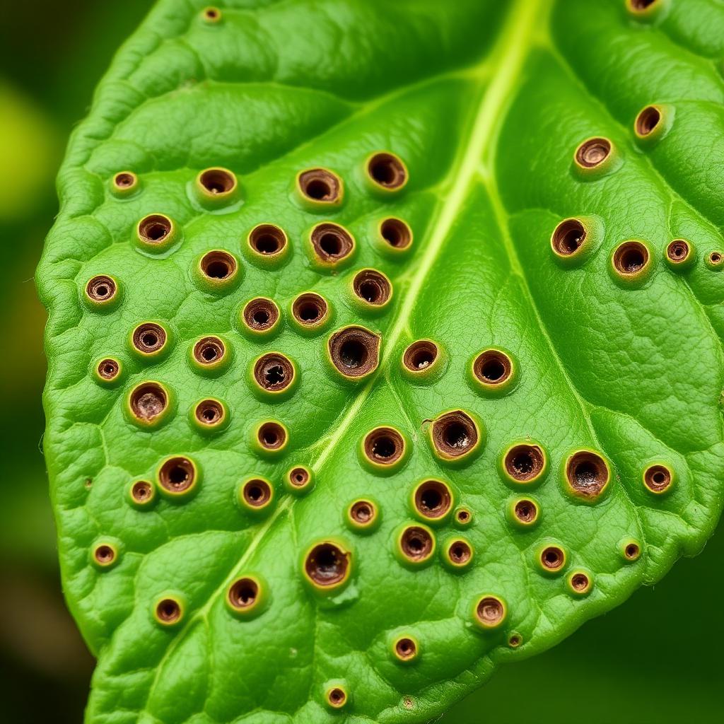 A pepper leaf covered in dozens of small round shotgun holes from flea beetle feeding