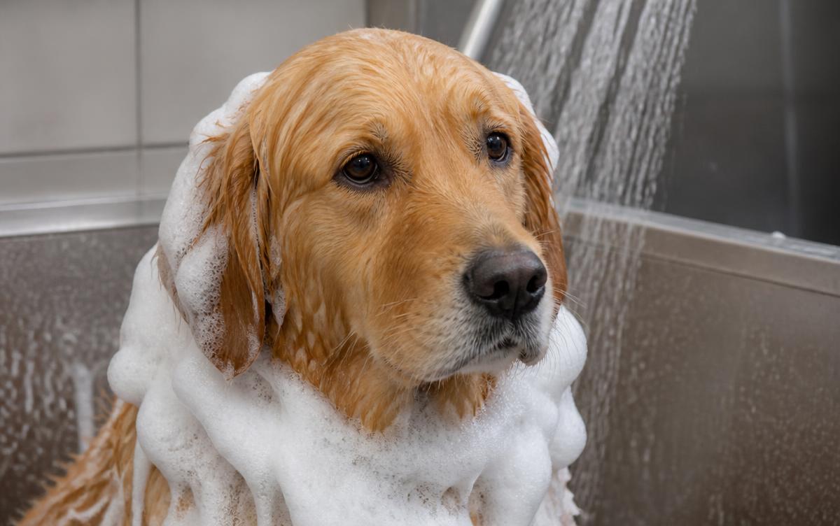 Flea and tick shampoo on grooming day: a wet golden retriever with a thick ring of foamy lather around its neck and shoulders in a grooming bath