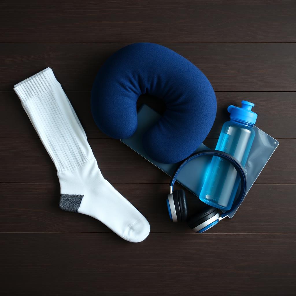 Compression socks, neck pillow, noise cancelling headphones and water bottle for a long-haul economy flight