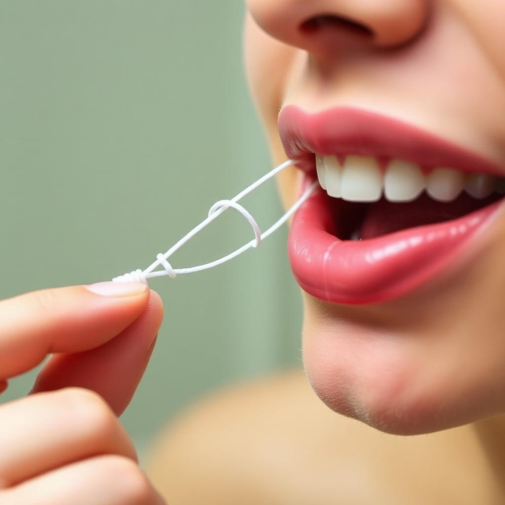 I Remove Plaque from Teeth: Close-up of fingers wrapping floss into a C shape around a tooth