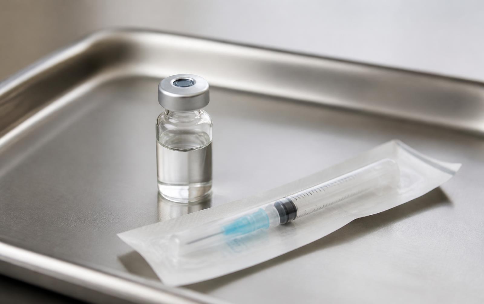 Clear glass vaccine vial and a sterile syringe on a stainless steel clinic tray