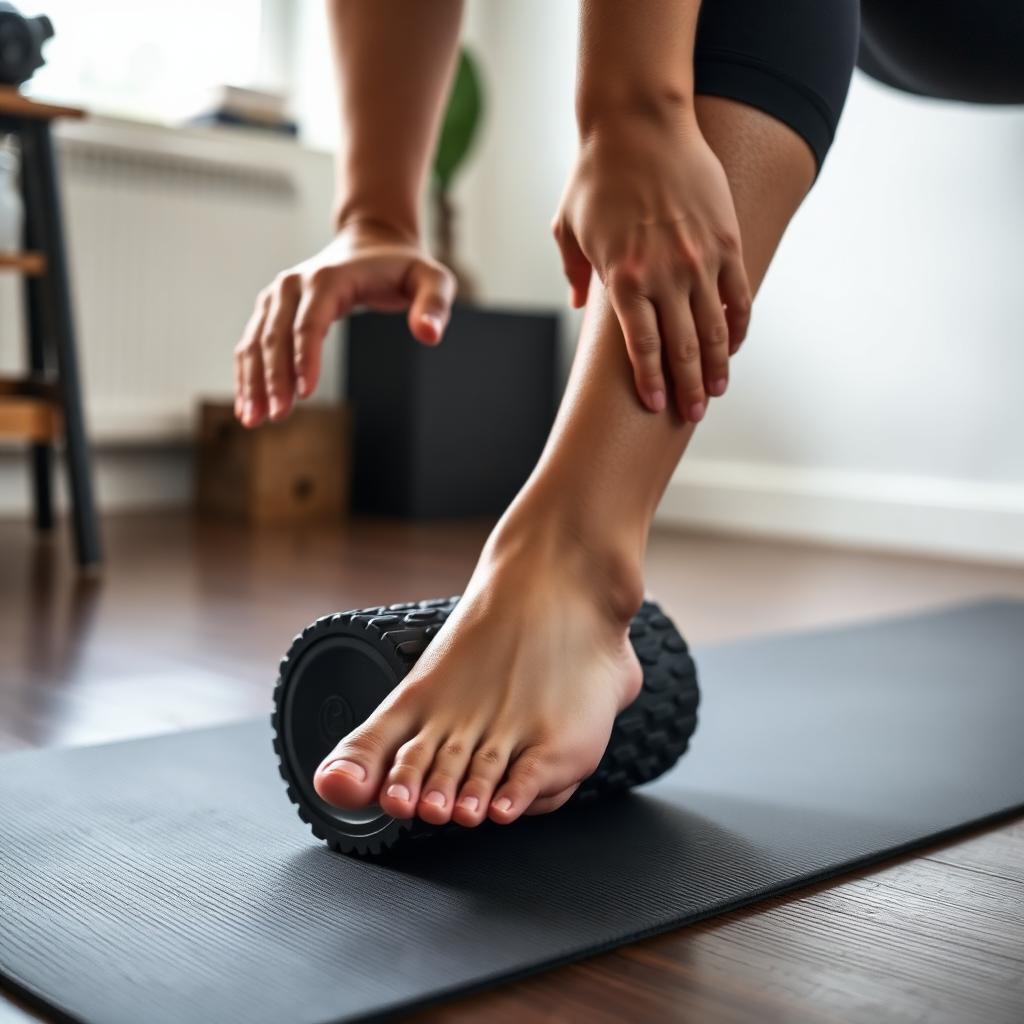 A person slowly rolling out their calf muscle on a textured black foam roller on a yoga mat in a home gym