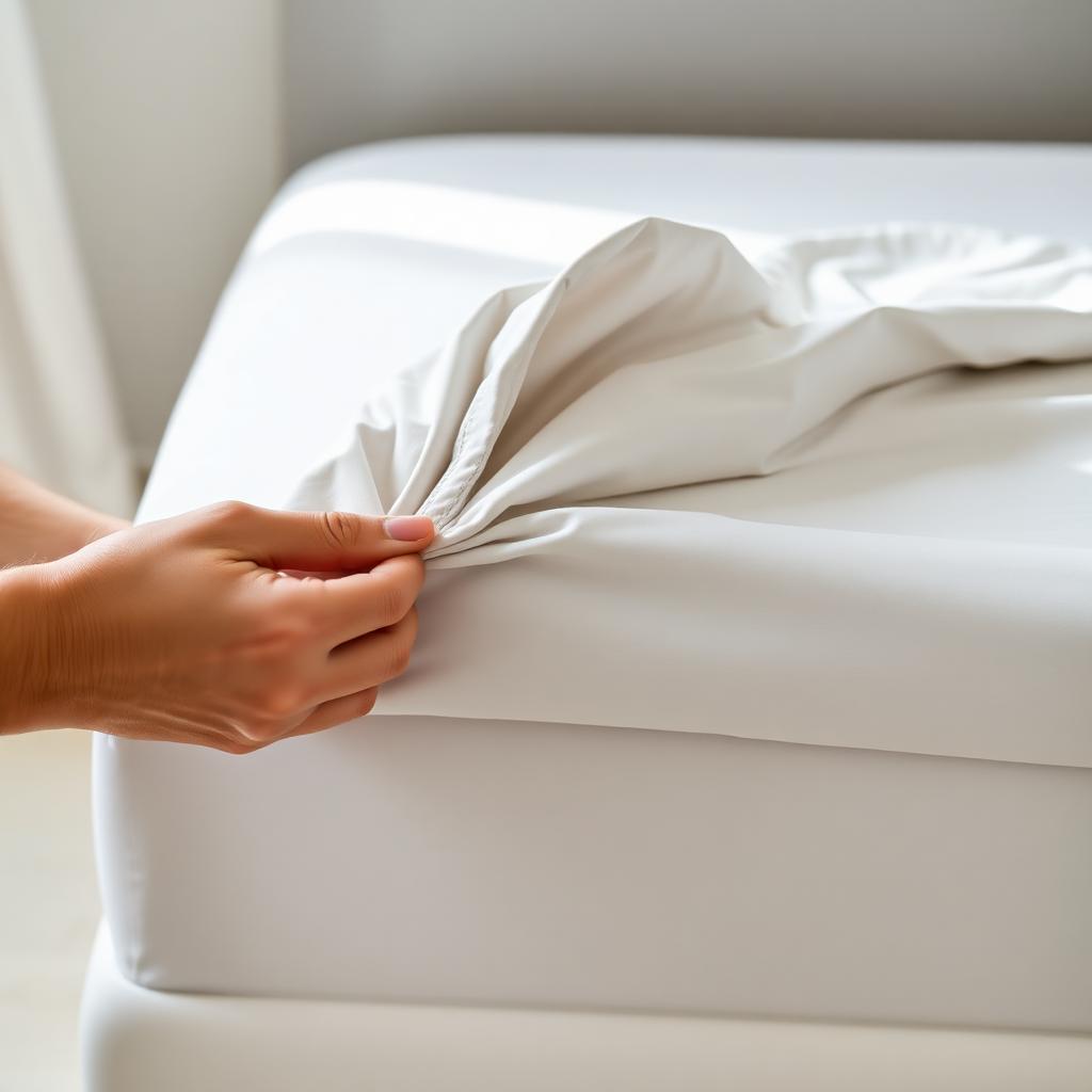 Hands tucking the elastic corner of a pale grey fitted sheet into another corner on top of a mattress