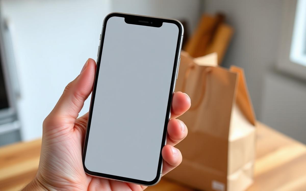 Person holding a phone with a blank delivery app screen beside a paper takeout bag on a kitchen counter