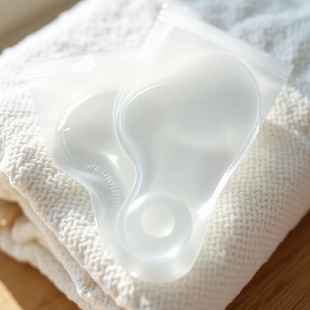 Overhead flat lay of clear gel foot-shaped exfoliation pouches on a folded white cotton towel with lavender and a wooden brush
