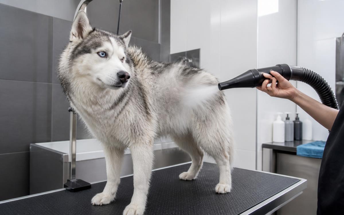 A wet husky standing on a black rubber grooming table having its dense coat dried by a matte black force dryer nozzle