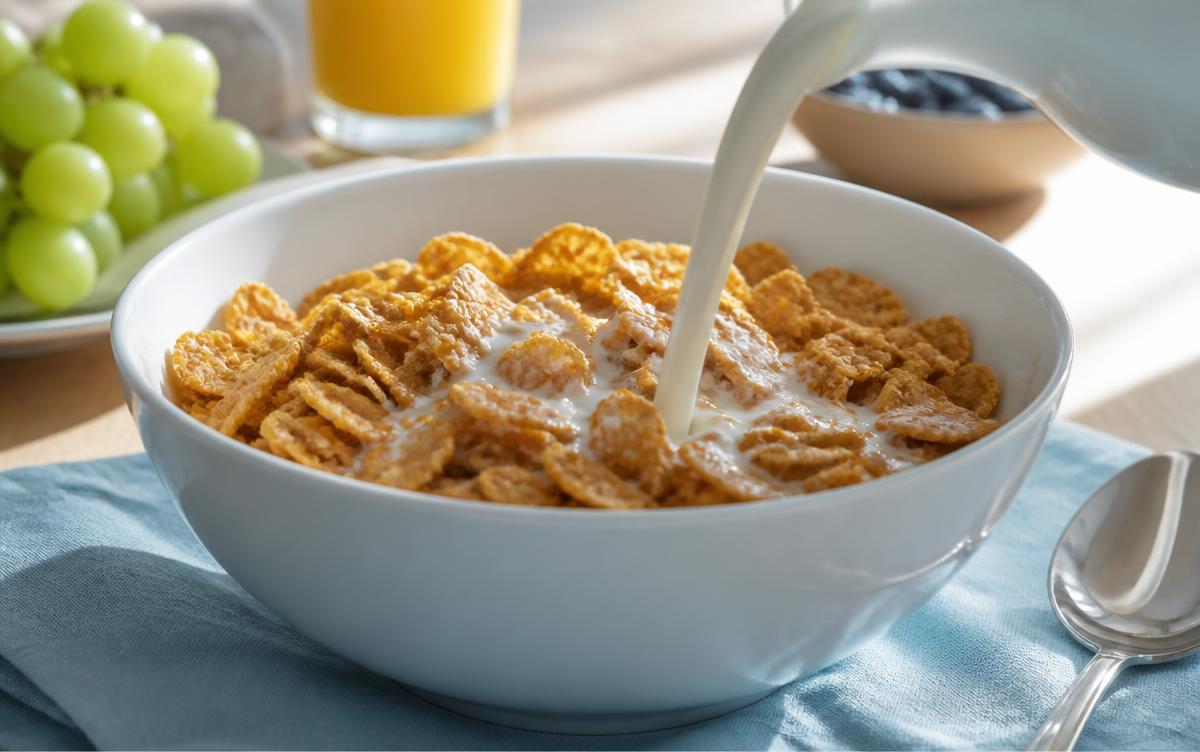 Fortified breakfast cereal in a bowl with milk being poured over the flakes