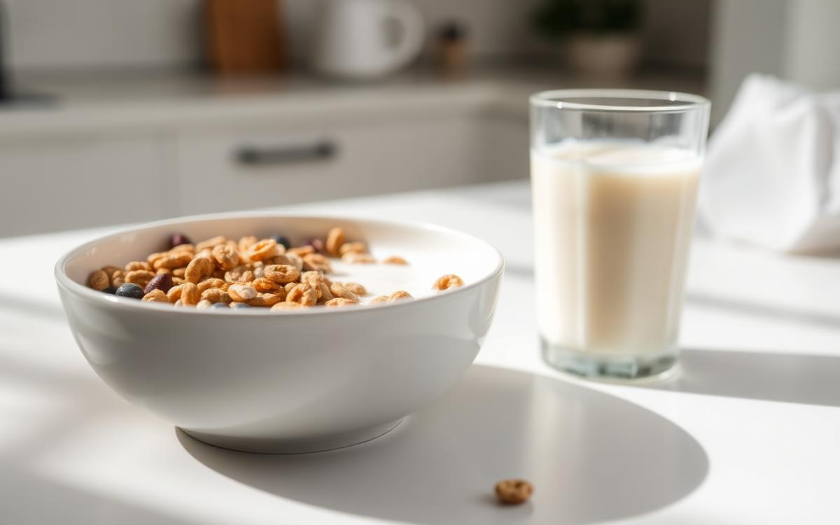 Bowl of fortified breakfast cereal with milk and a glass of plant milk on a kitchen table