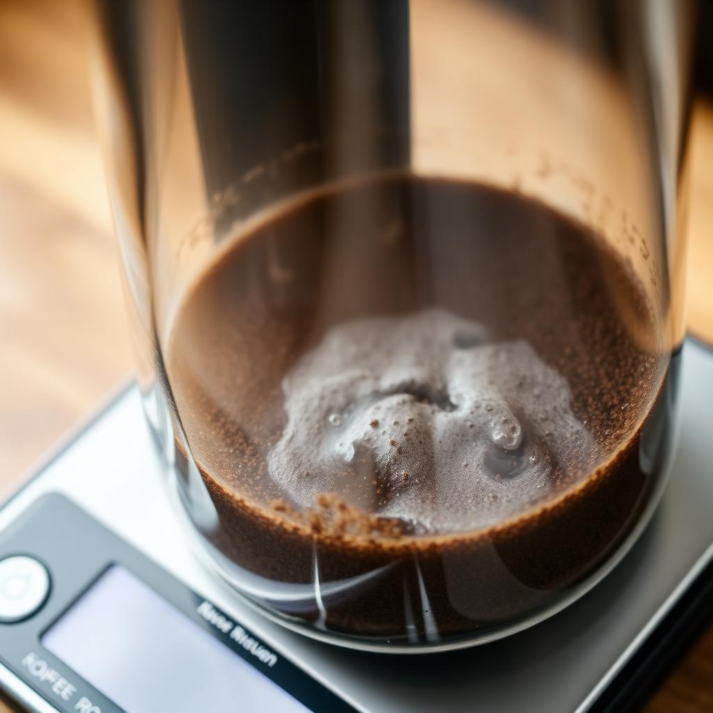 A glass French press carafe sitting on a kitchen scale with coffee grounds blooming and bubbling under fresh hot water.