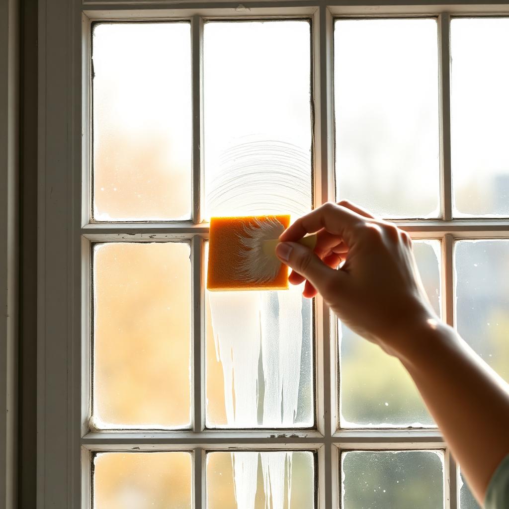 Hand using a wet sponge to paint white chalk on a tall French school window in soft morning light, illustrating the Blanc de Meudon application process