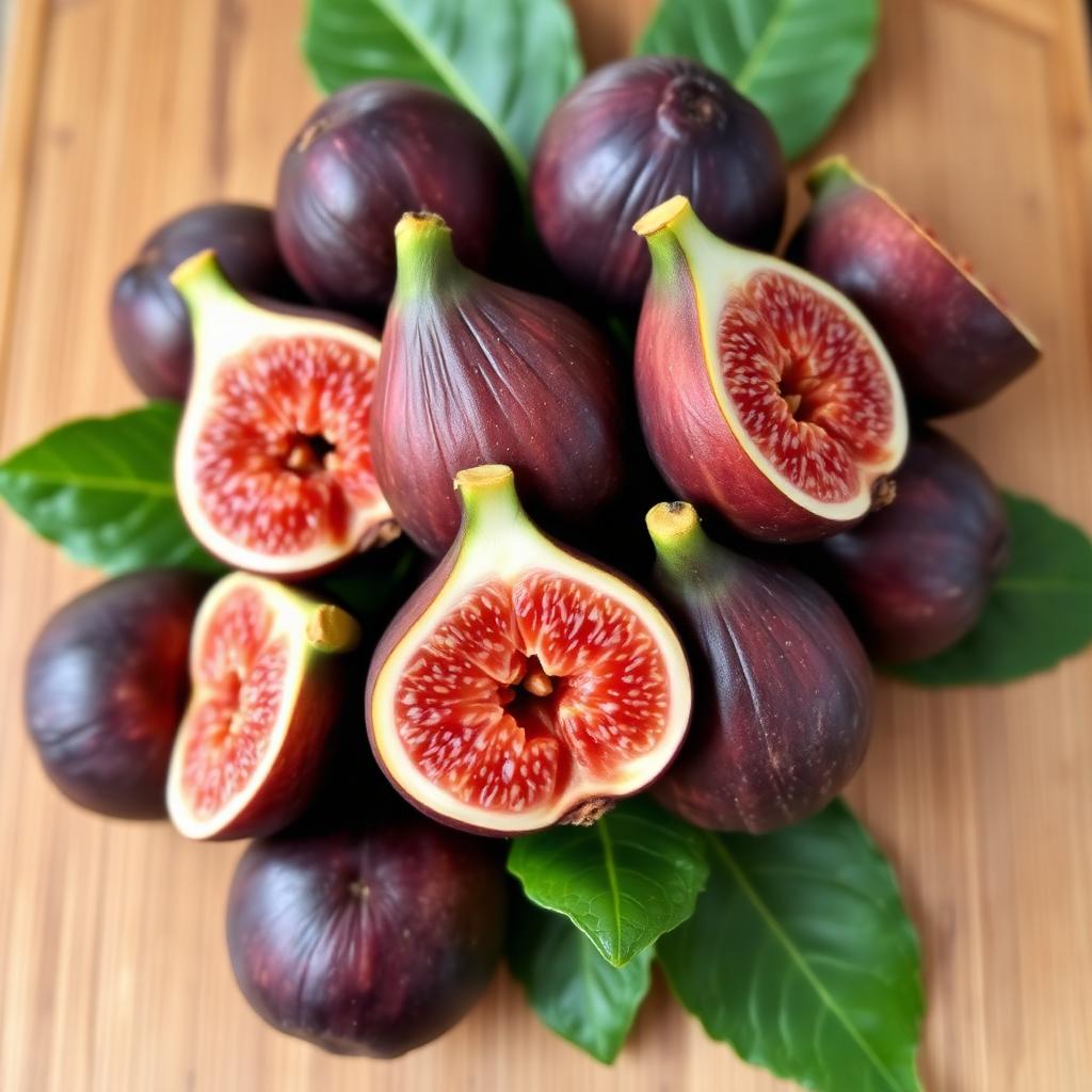 Cluster of fresh ripe figs cut open showing red interior on a wooden board with green leaves