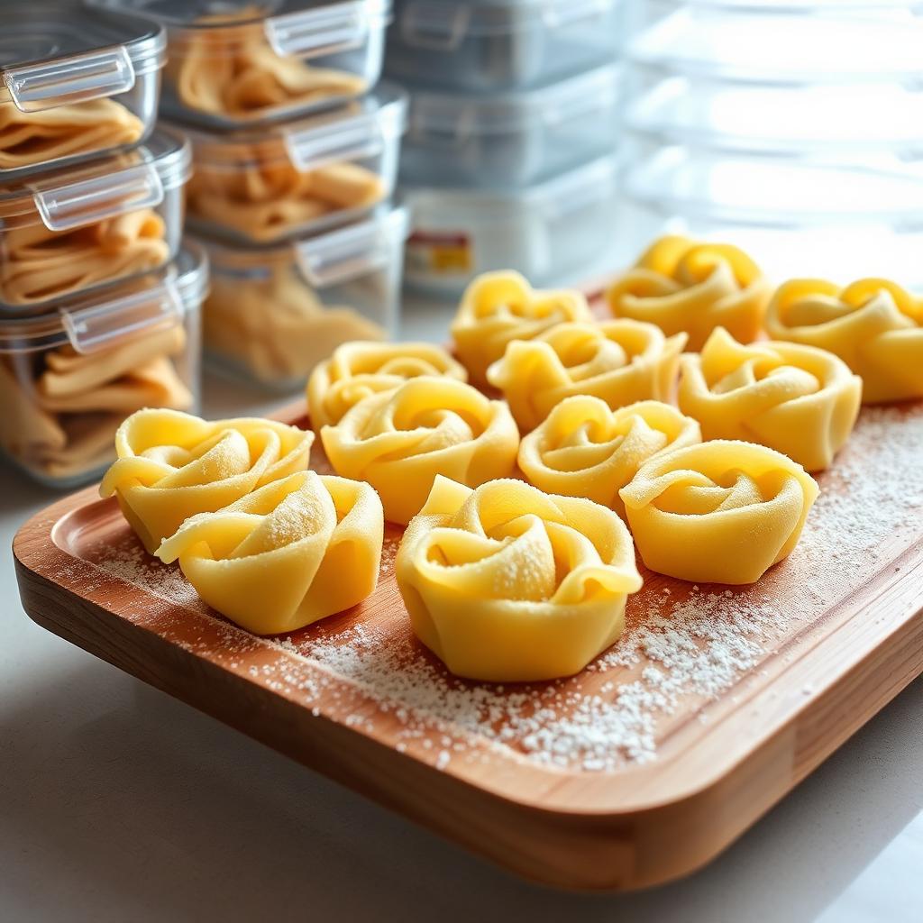 Fresh egg pasta nests on a wooden tray dusted with semolina flour next to clear plastic storage containers