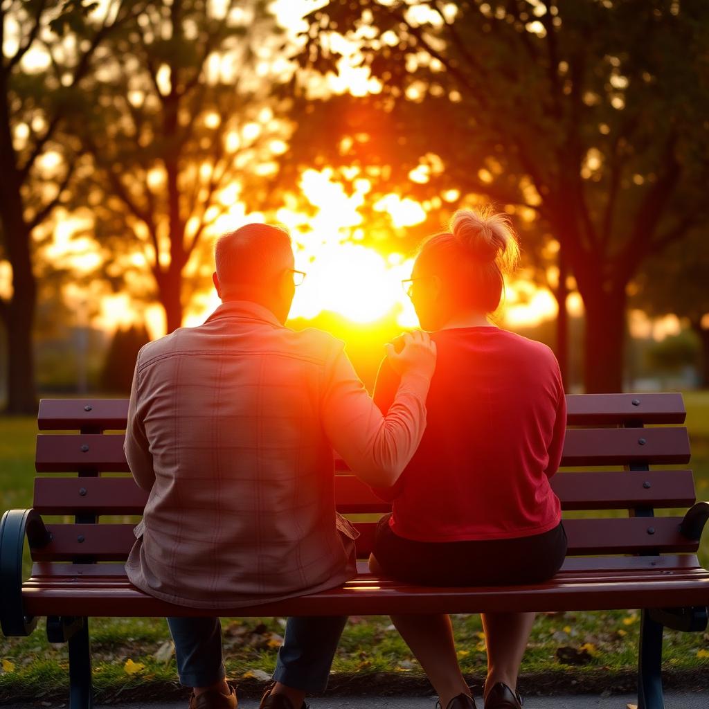 Two friends sitting on a park bench at sunset, one with a supportive hand on the other's shoulder, comforting prayerful mood