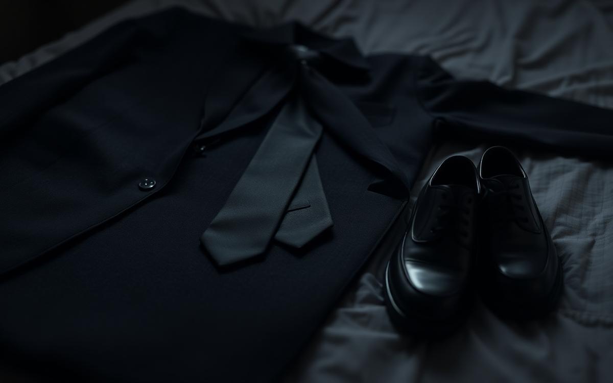 Dark charcoal funeral suit, plain tie and polished black shoes laid out ready to wear