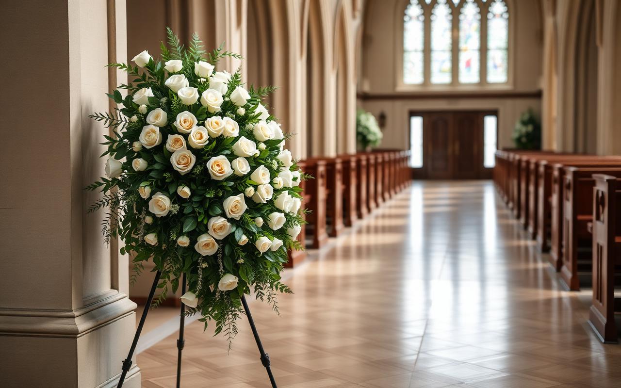 Standing funeral wreath of white roses and greenery beside a chapel aisle