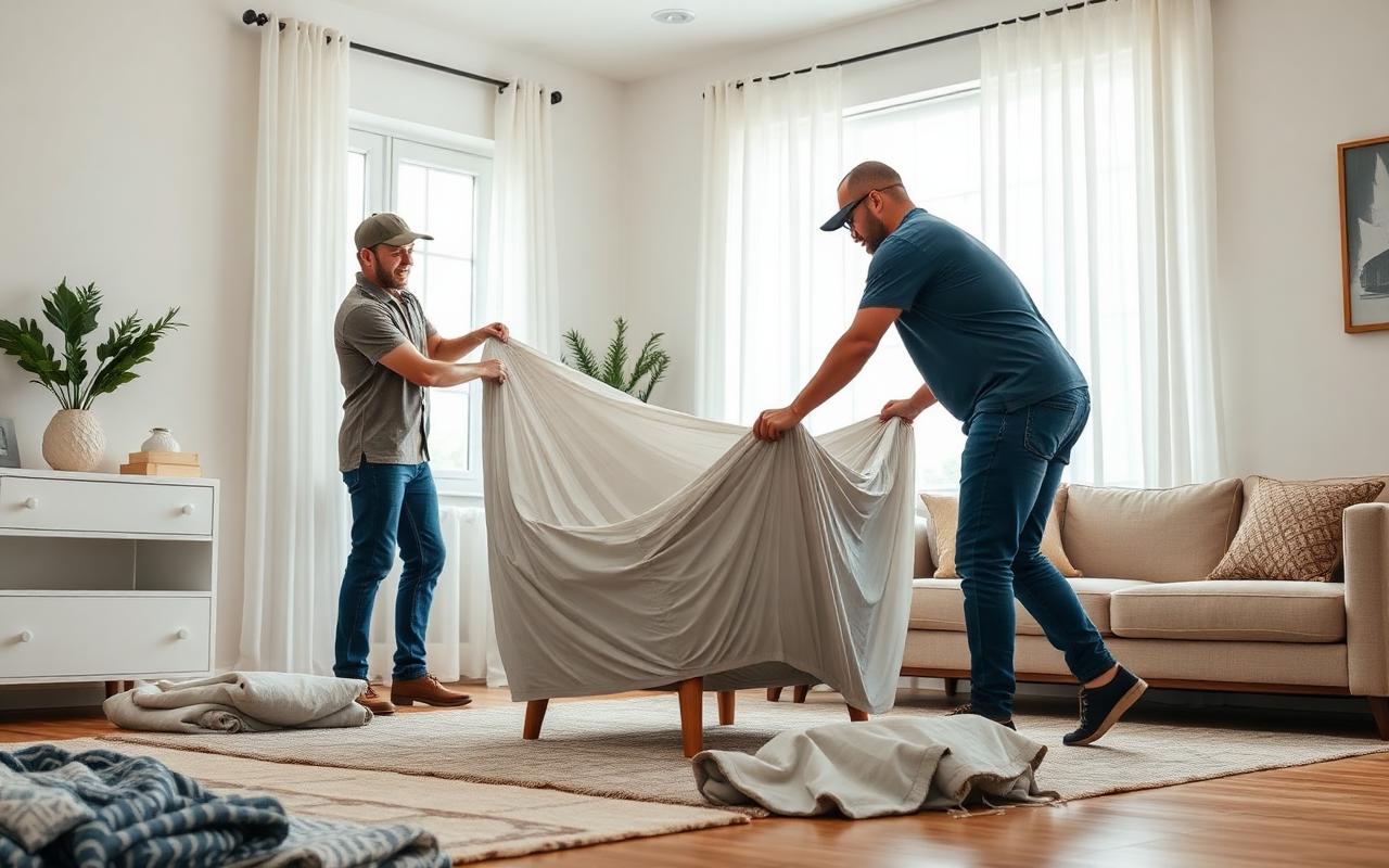 Delivery crew unwrapping and positioning new furniture in a bright living room