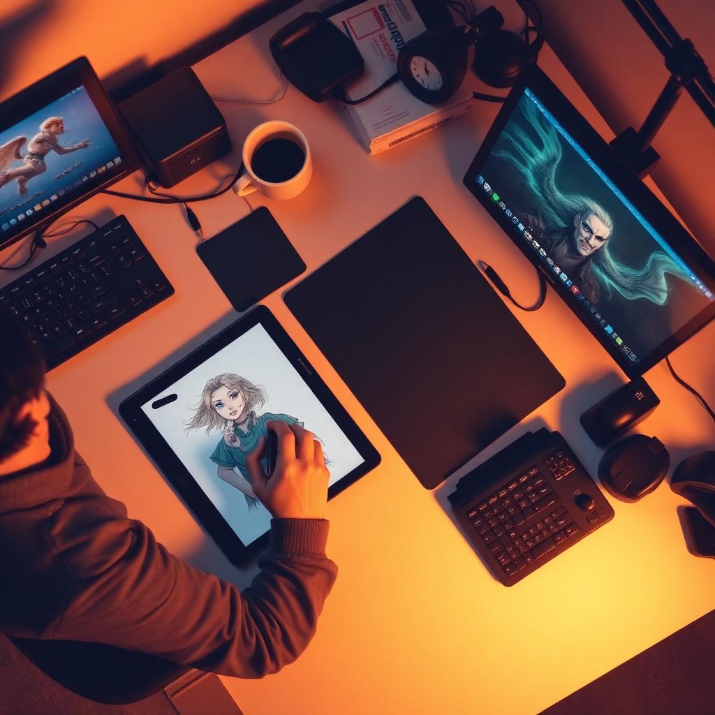Game developer at a tidy desk sketching a character design on a graphics tablet beside a keyboard