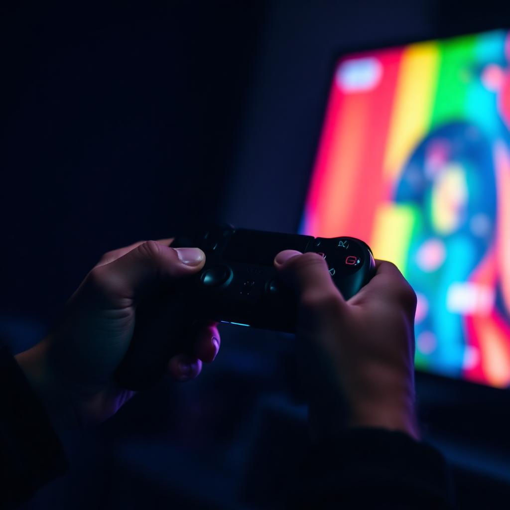 the Best Free Top Rated Steam Games: A close up of two hands gripping a black gaming controller in a dark room with colorful screen light glowing behind