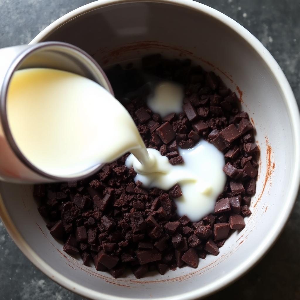 Hot cream being poured over a bowl of finely chopped dark chocolate with steam rising
