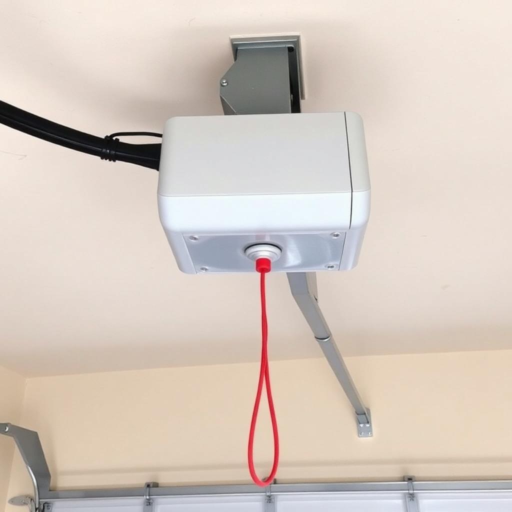 Interior view of a garage opener trolley on the ceiling rail with a red emergency release cord hanging down.