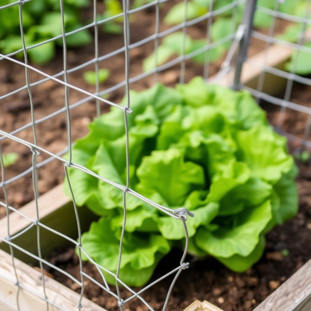 A low chicken wire fence around a vegetable garden bed with bent buried base