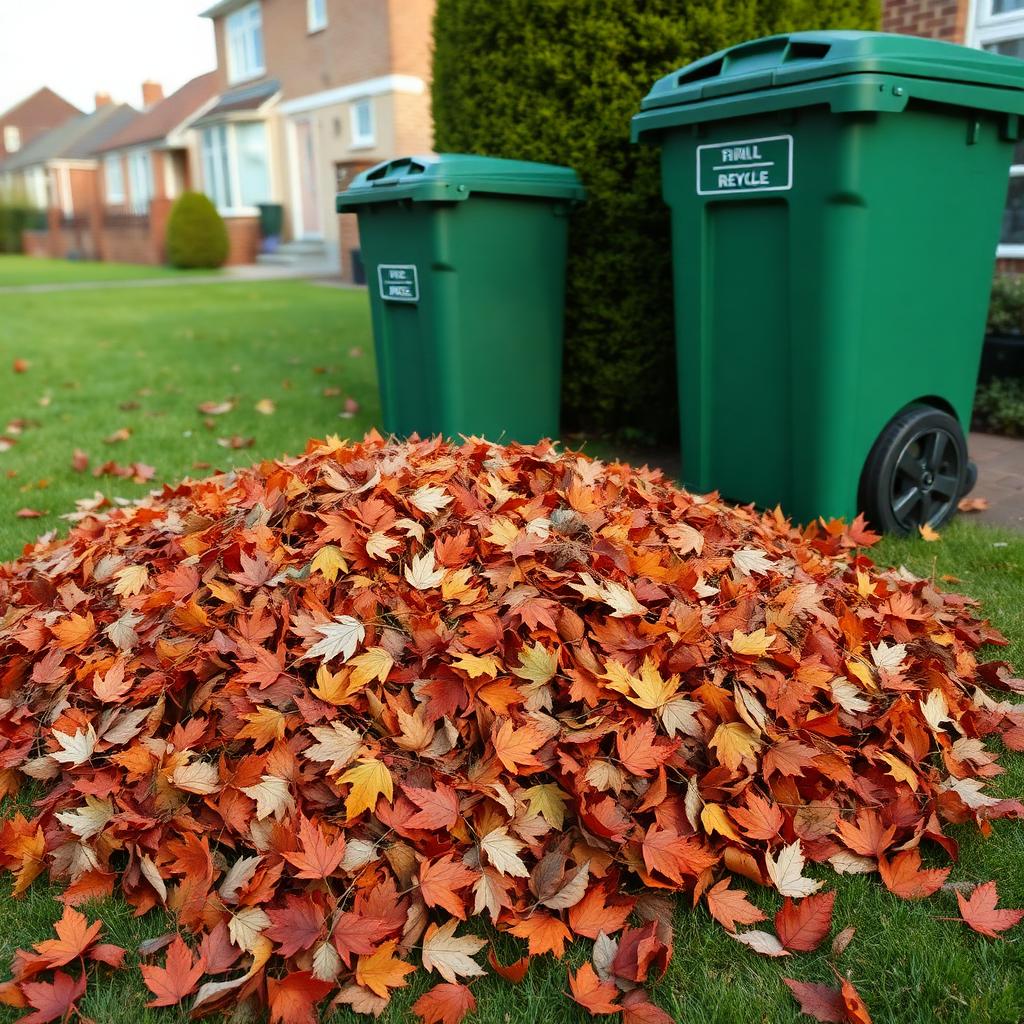 A large pile of fallen autumn leaves next to a green garden waste recycling bin outside an English home
