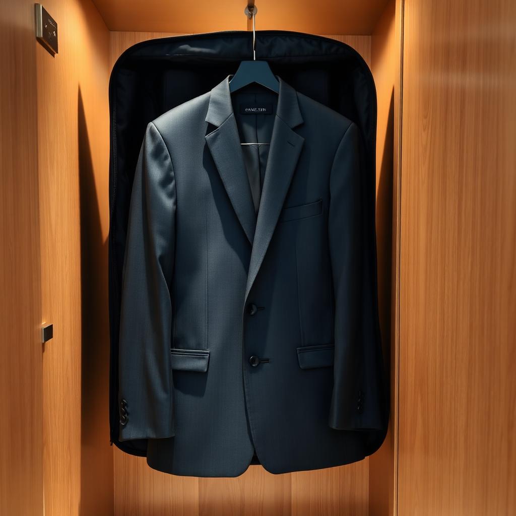 A charcoal grey wool blazer laid flat on a hotel bed next to an open garment bag, ready to pack without wrinkles
