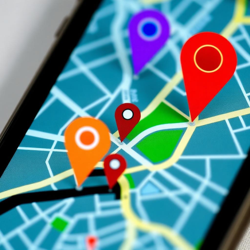 A close up of a smartphone screen showing a stylized map with colorful location pin markers