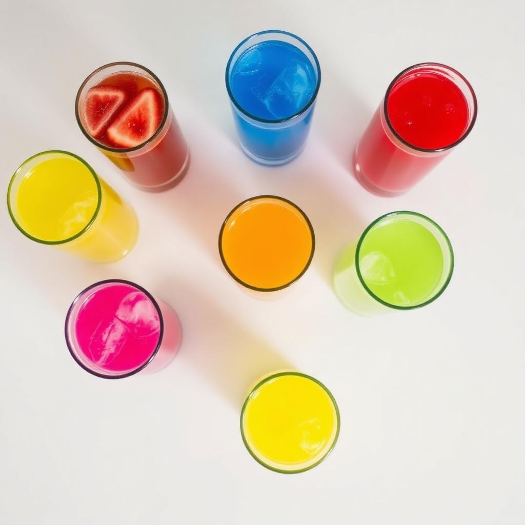 Colorful arrangement of electrolyte drinks in different bright colors in tall glasses