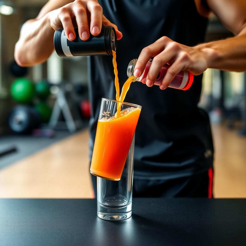 Athlete pouring a bright orange sports drink into a clear glass cup post workout