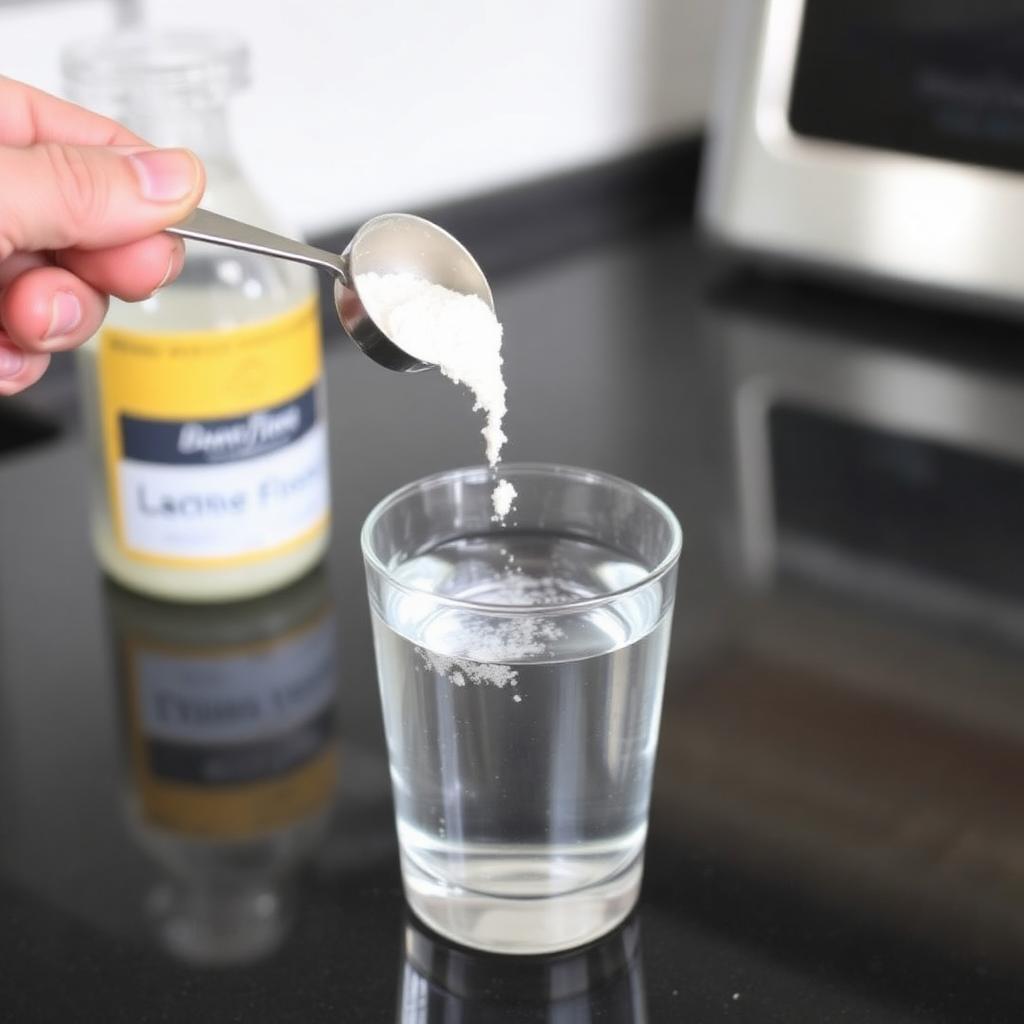 Electrolyte mix powder being poured from a small scoop into a glass of water