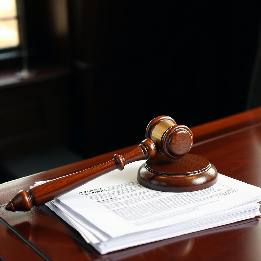 A polished wooden judge gavel resting on a stack of generic government paperwork on a dark mahogany bench with soft window light.