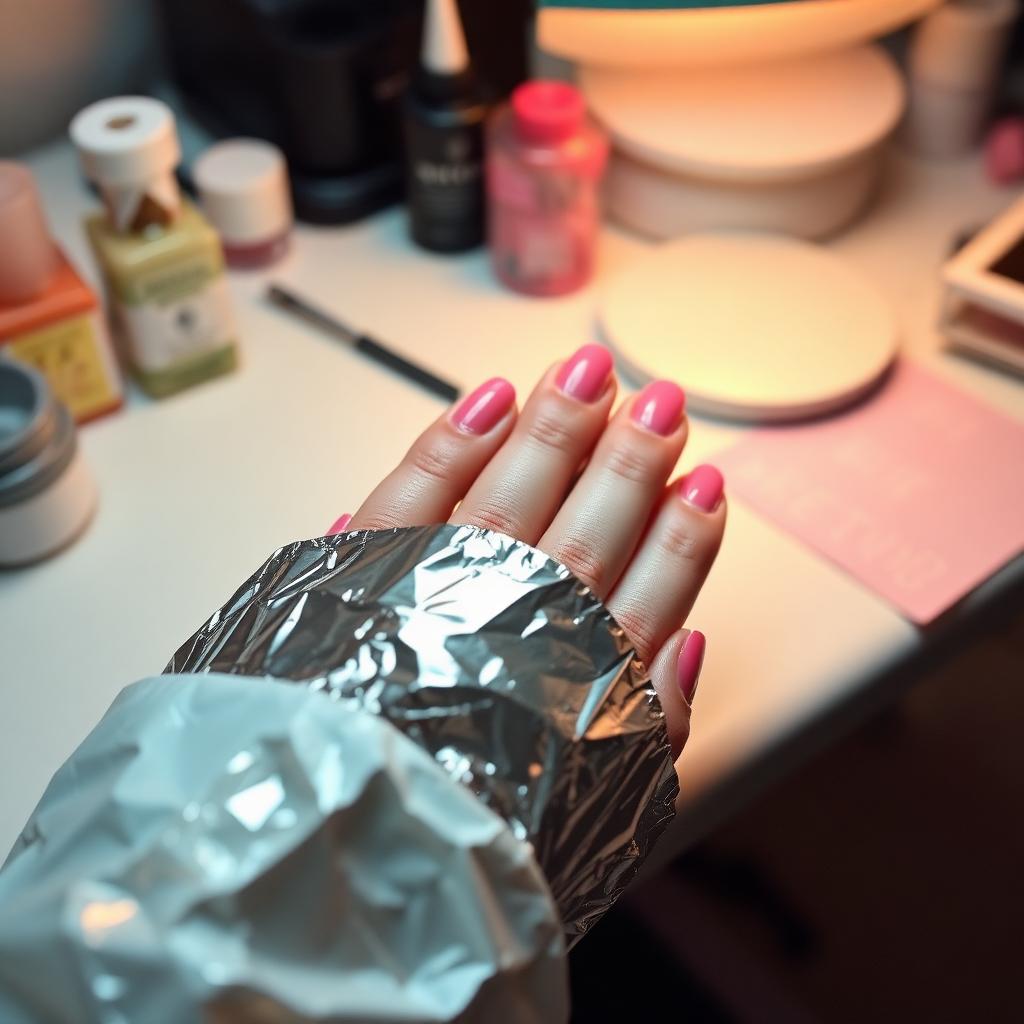 A manicured hand with pink gel polish and one fingertip wrapped in shiny aluminum foil resting on a beauty workstation.