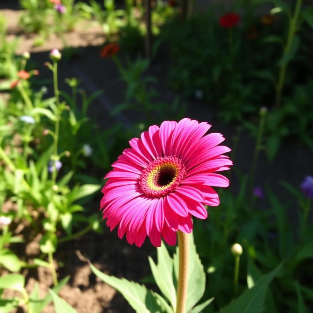 I Deadhead Daisies: A vibrant pink Gerbera daisy on a single thick bare stem rising from a leafy base