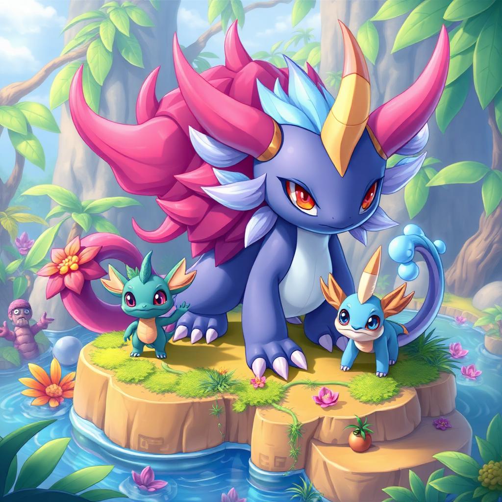 A large four element fantasy monster paired with a smaller three element creature on a colorful musical island cartoon mobile game style