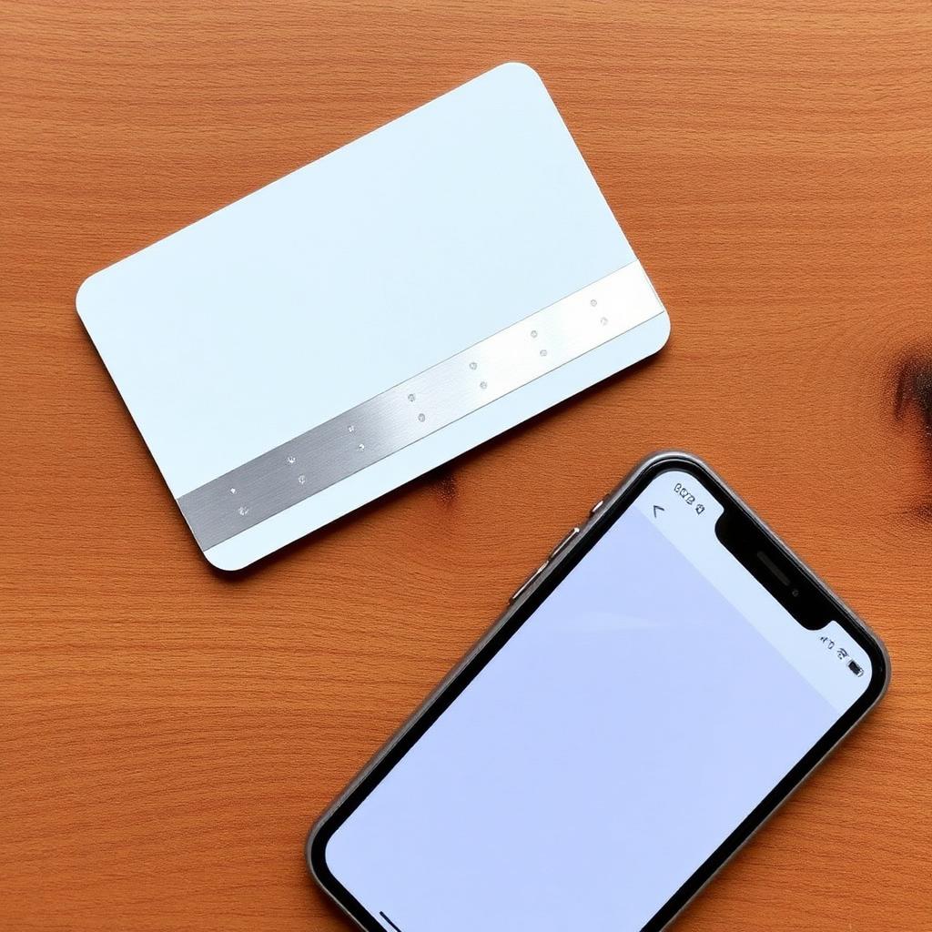 Plastic gift card with a scratched-off silver security strip on a wooden table next to a smartphone, ready for a balance check