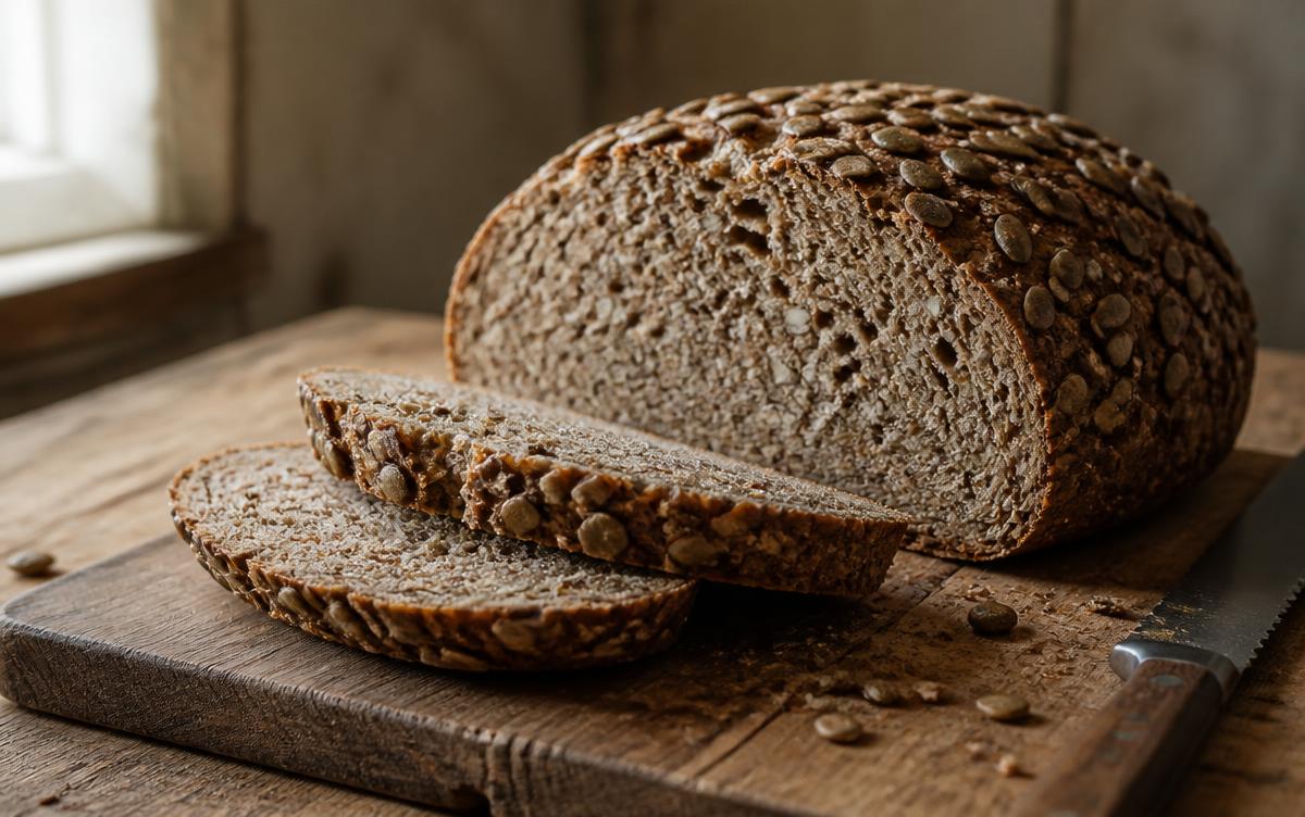Sliced seeded gluten free style loaf on a wooden board with a bread knife