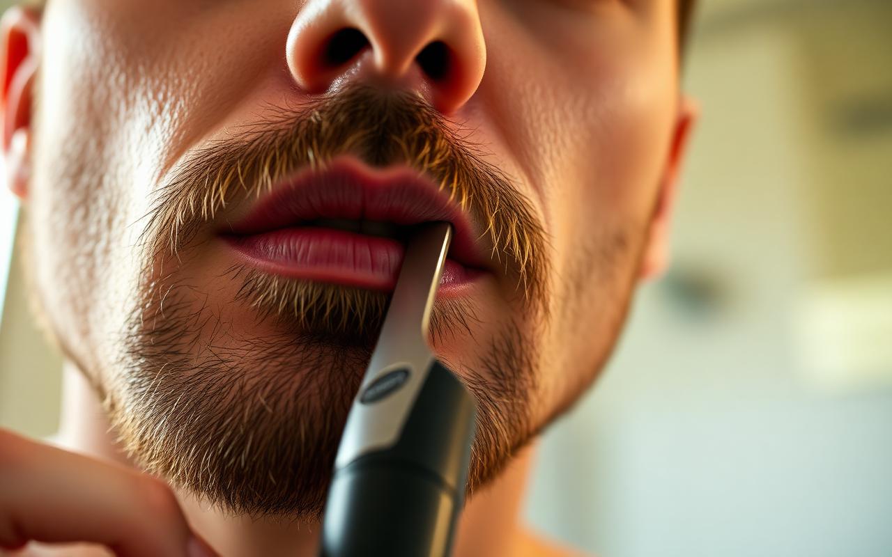 Close up of a man detailing the vertical edge of his goatee at the corner of his mouth with a precision trimmer in warm bathroom light