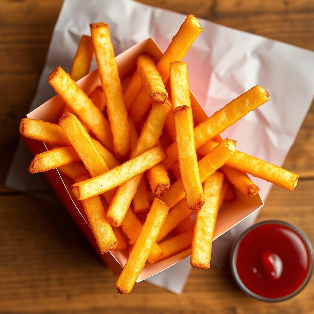 McDonald's Nutrition Facts: Golden crispy french fries in a red paper carton viewed from above with a small dish of ketchup