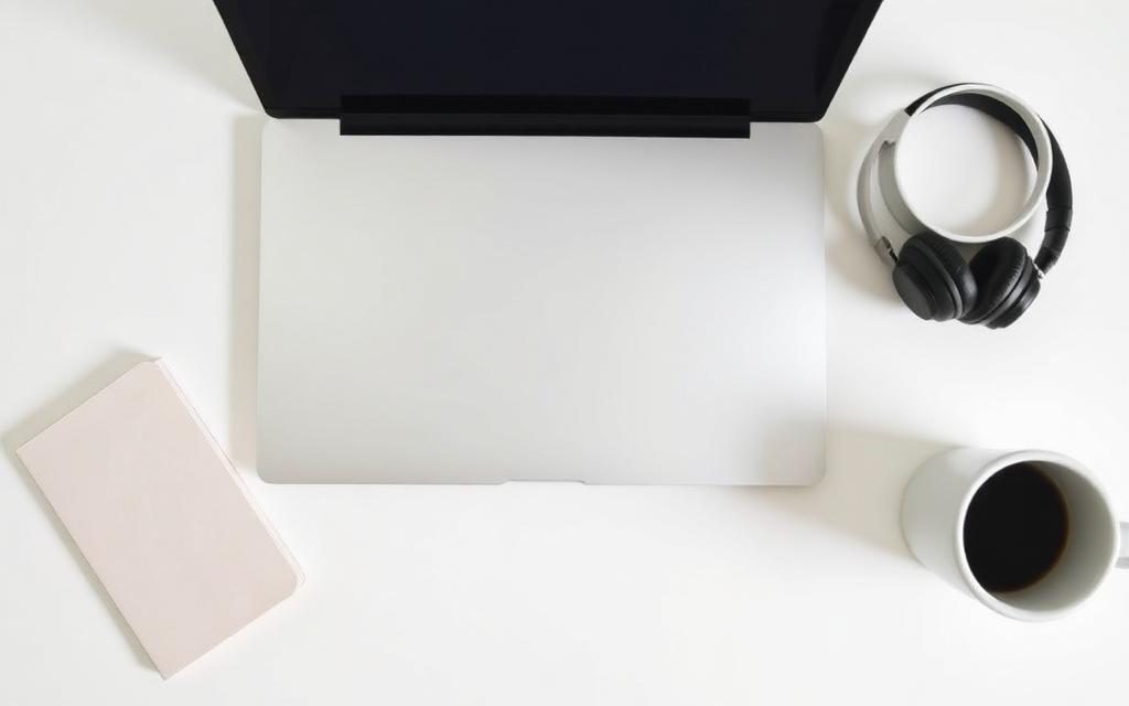 A closed silver laptop on a clean white desk next to a notebook headphones and coffee cup ready for focused work