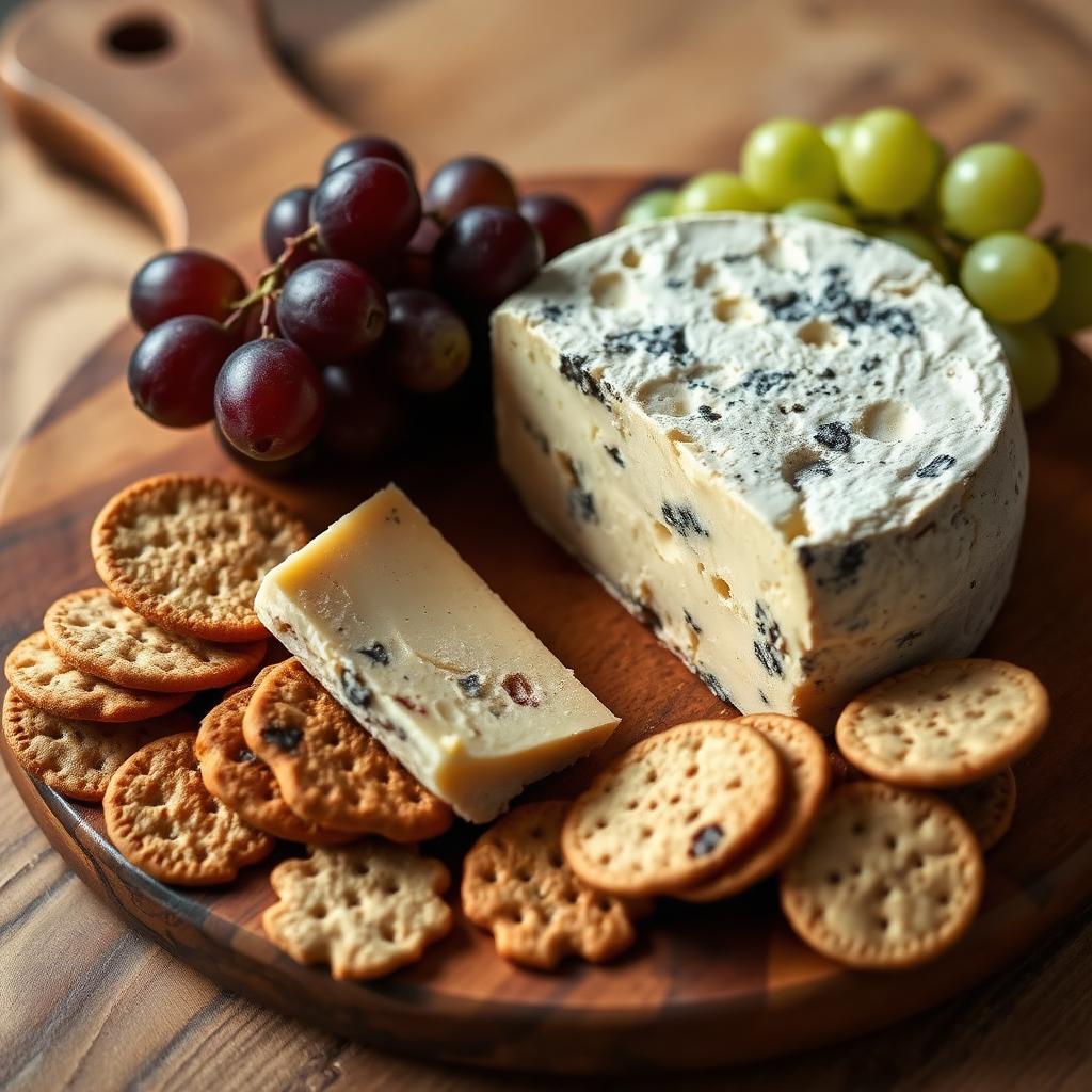 Makes Specially Selected Brand: A wooden board layered with an aged cheese wheel sliced open beside artisan crackers and fresh grapes, lit by soft natural daylight.