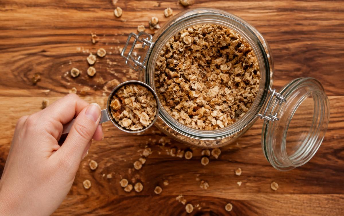 Granola being portioned from a jar into a measuring cup to check the labelled serving