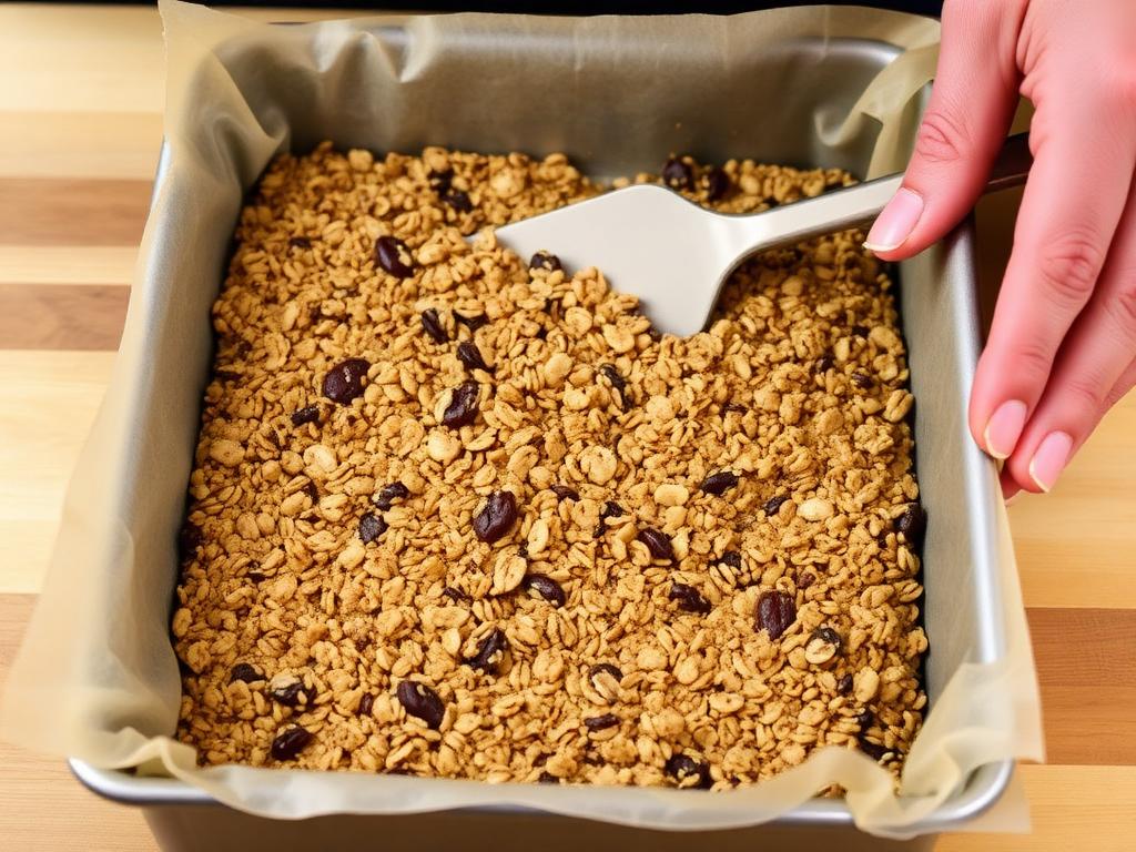 Granola bar mixture being pressed into a parchment lined pan