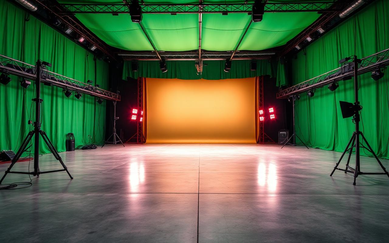 Green screen film stage with camera crane and lighting rigs, the production setup behind the Avengers Doomsday cast shoot