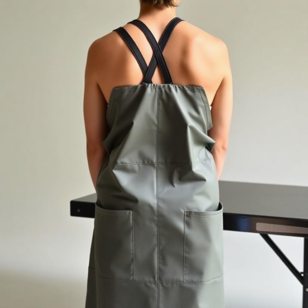Owner wearing a full-length polyurethane-coated grooming apron with cross-back straps and side pockets