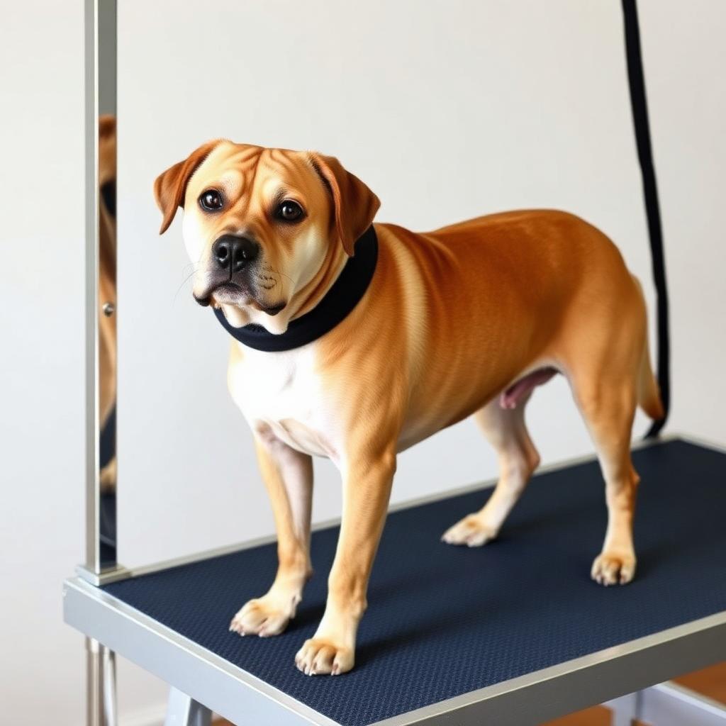 Medium sized dog standing calmly on a grooming table wearing a padded neck grooming loop clipped to a metal grooming arm